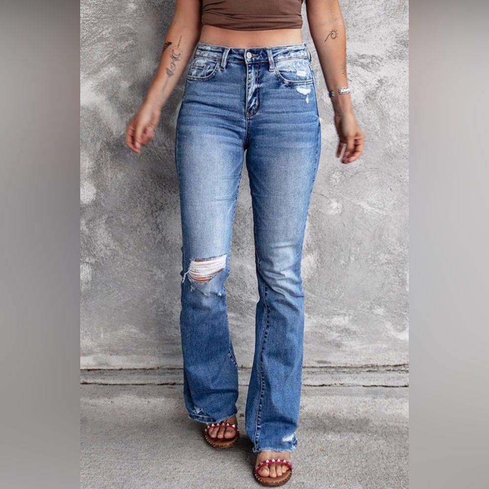 NWT Blue Distressed Flare Jeans - Picture 2 of 14
